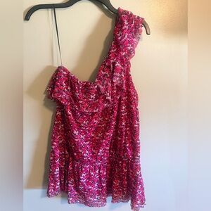 Express Vibrant Pink and Multicolor One Shoulder floral ruffle blouse size large
